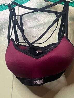 PINK Victoria's Secret Strappy Sports Bra in Deep Berry with Black Trim